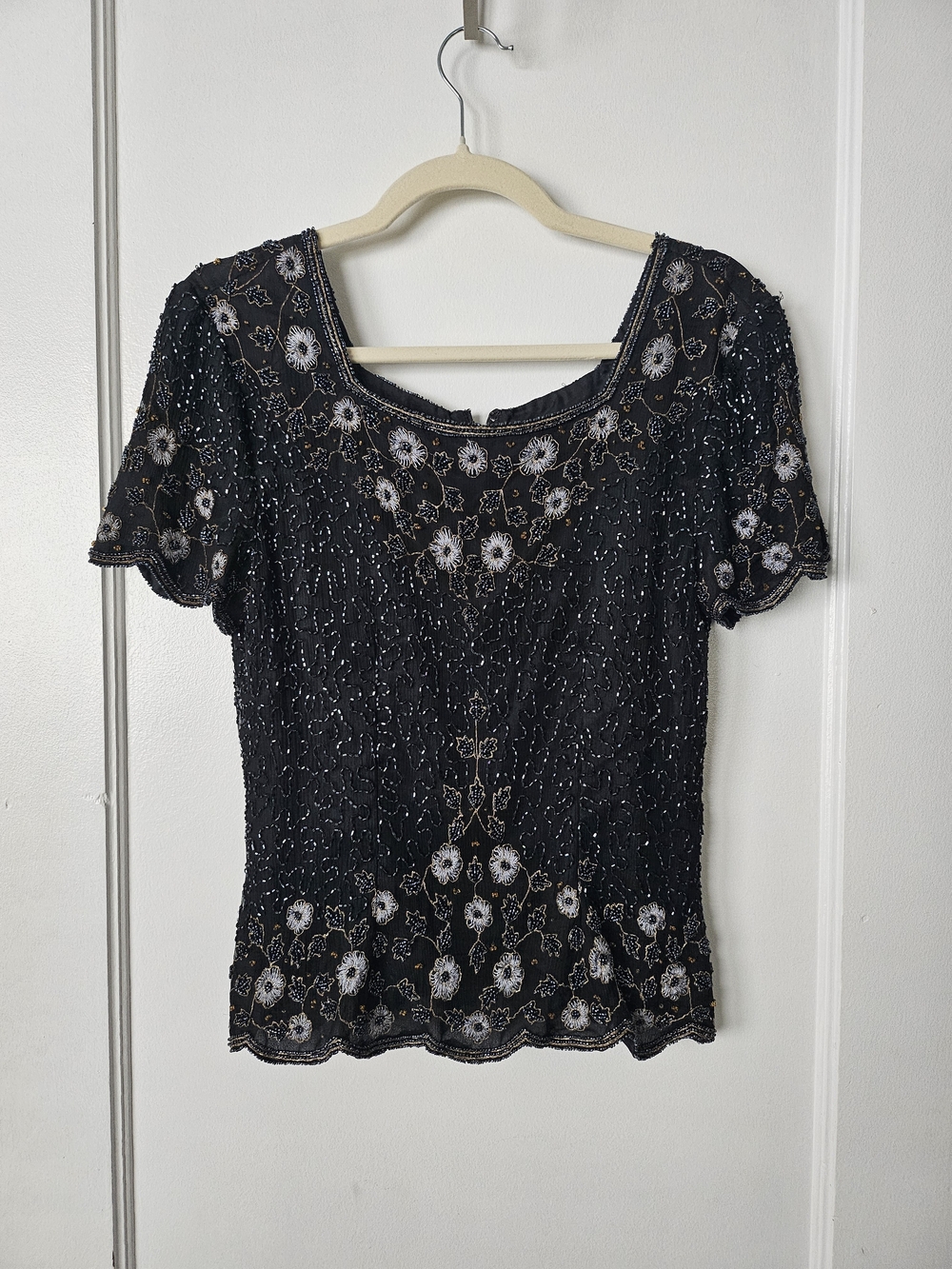 Vintage Stenay Petite Embellished Black Floral Beaded Women's Top